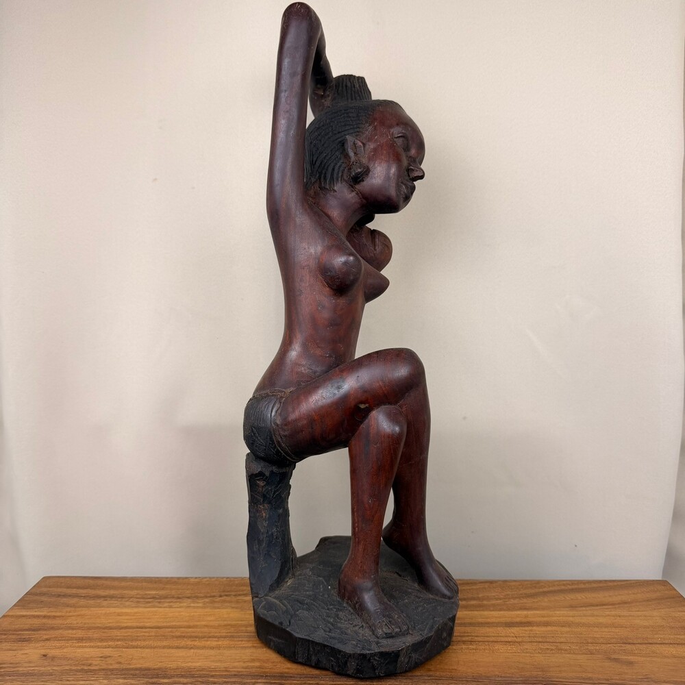 Hand Carved African Wooden Sculpture Seated Nude Woman Dark Wood Art